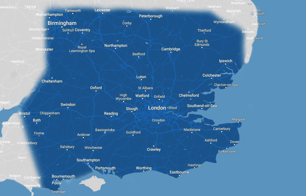 SNS Automotive map of mobile service, a wide area including London, Birmingham, Oxford, Cambridge, Southampton, Bristol and surrounding regions